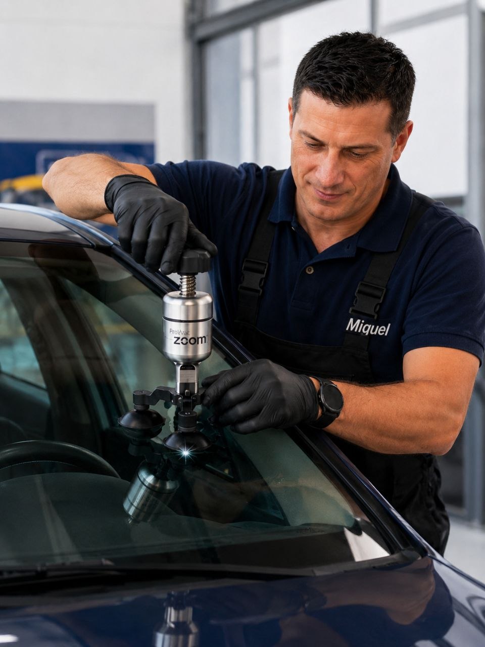 Tecnico reparando un impacto en parabrisas